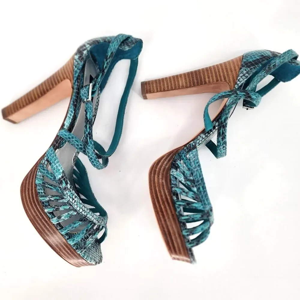 White House Black Market Emilia Teal Snakeskin Platform Sandals Women's Size 10M - Picture 9 of 12